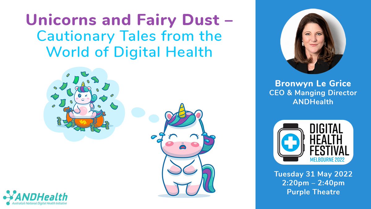 ANDHealthAU's tweet photo. Our CEO @Bron_LeGrice will be presenting 'Unicorns and Fairy Dust –Cautionary Tales from theWorld of Digital Health' tomorrow at @digitalhlthfest 🦄✨

🗓️ Tuesday 31 May
⏰ 2:20pm – 2:40pm
🌏 Purple Theatre, Melbourne Convention &amp; Exhibition Centre https://t.co/k23baDaT4O