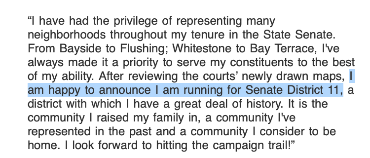 Confirmed in a statement: state Sen. Toby Ann Stavisky, @TobyStavisky, all of 82 years old, will be running in District 11. That's a new number, but she lives in the district and has represented much of it for the last decade.
