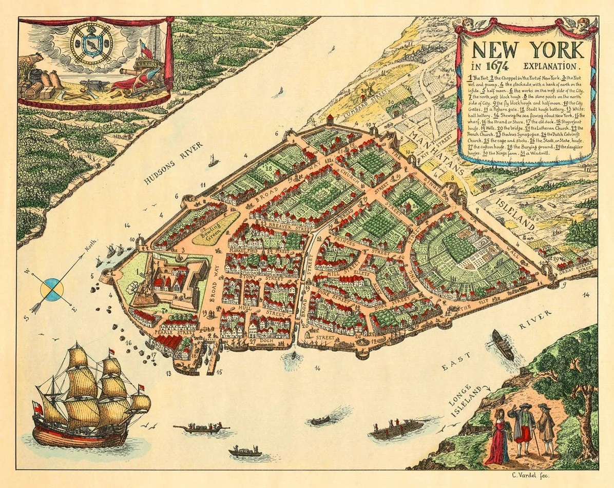 vintagemapstore's tweet photo. New York in 1674, ten years after its capture by the English, USA. https://t.co/ML7Va4boM8