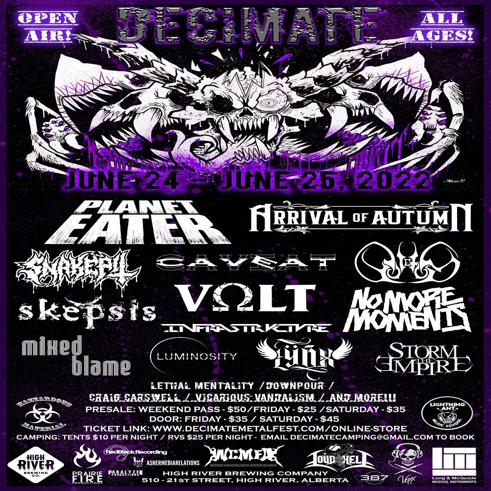 AsherMedia's tweet photo. Countdown to Decimate Metalfest 2022 - June 24-25 - High River, AB
Check out No More Moments (Calgary, AB) https://t.co/a0pqoZOJUY
Tickets - https://t.co/dEzTsBEjta
#alberta #albertafestival #yyc #yeg #highriverab #highriver #highriveralberta #highriverbrewing #music https://t.co/5wfgtnELbf