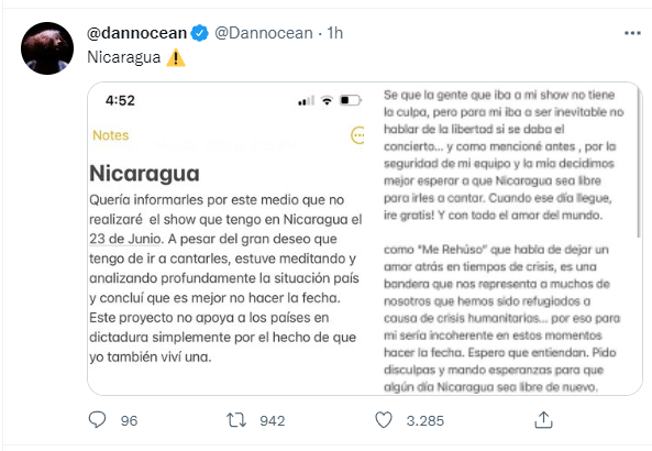 LOCUIN's tweet photo. @Dannocean 👏🙌
Alguien con carácter humano, no como @elnodal que hasta pena le da hacer un post de su llegada a Nicaragua. Además de cantar bien, un artista debe ser empático y con alto sentido de responsabilidad humano: En Nicaragua se sigue exiliando, asesinando, secuestrando. https://t.co/qflyBfKfyO