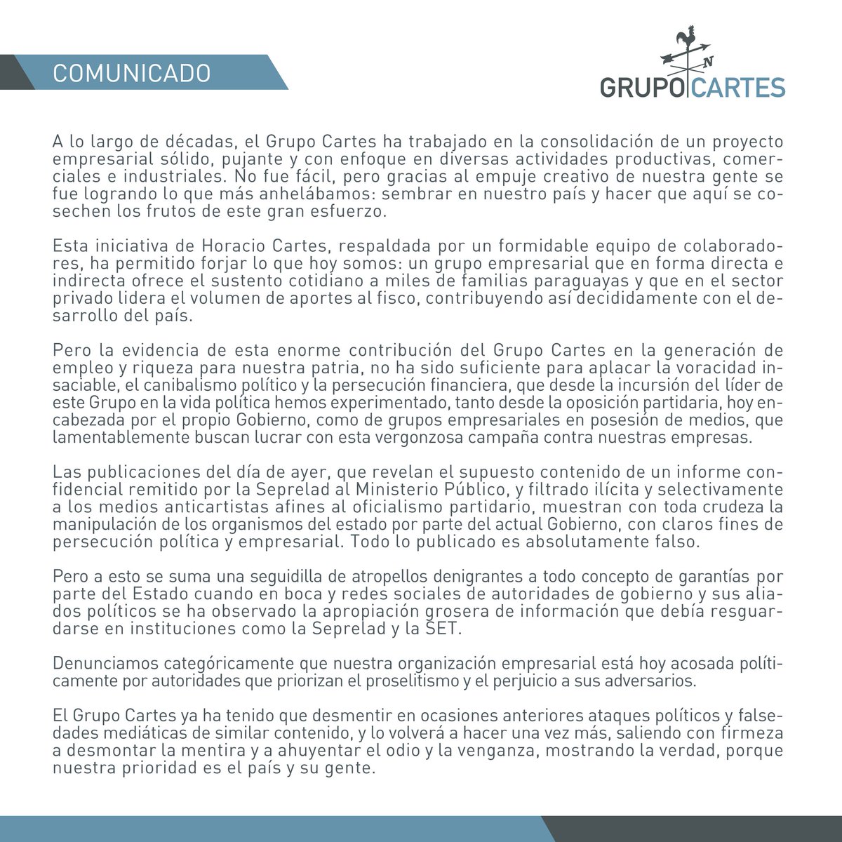Los ataques que recibimos por intereses políticos y económicos no nos van a hacer retroceder. Estamos más firmes que nunca para seguir aportando al Paraguay desde la cultura del trabajo.