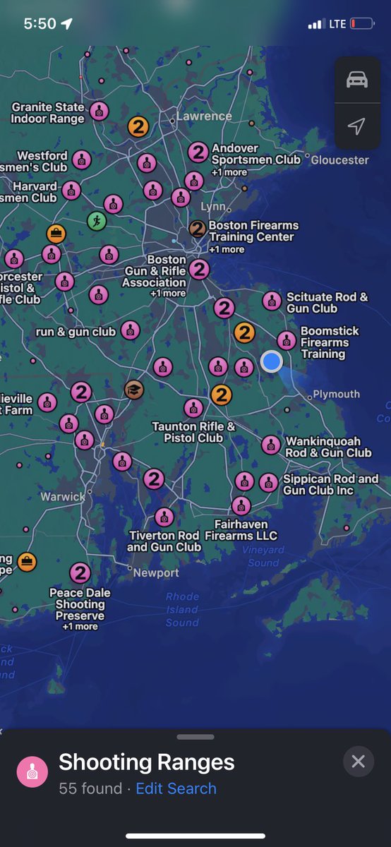 So I was at a soccer tournament today at an elementary/high school (south shore MA) with 100s of kids and throughout the day, we could hear many gunshots. Who does this ? This week?
Turns out, all these pink dots are the nearby ranges. 😳😡