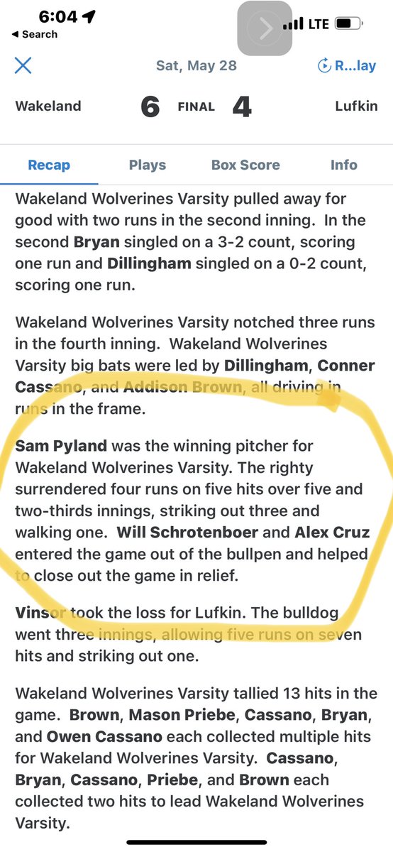 JillPyland's tweet photo. Couldn’t be more proud of you @SamPylandIV!! You got the ball to start a must win Game 3 to advance to the regional championship game… and you killed it!!! Went 5.2 innings with only 60 pitches… next up Forney!! Let’s go get them!! Let’s go Wakeland!! https://t.co/CYIu53n514