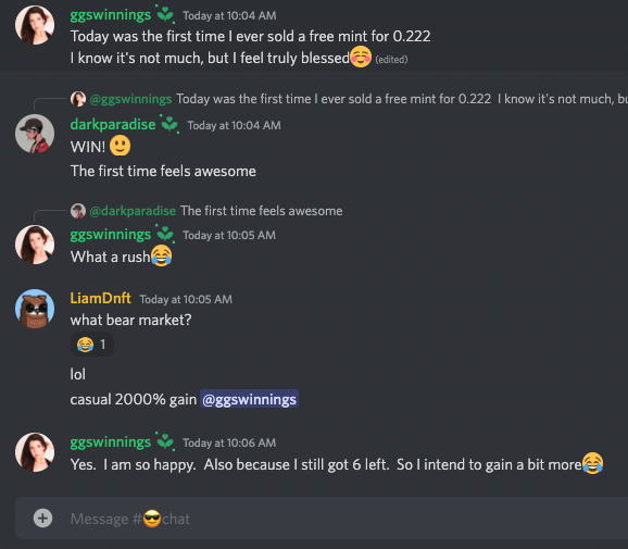 liamdnft's tweet photo. Screengrab from inside the NFT Expert Summit private discord chat 

People on WL are already banking wins

0➡️.22eth profit

Dont mint or buy my upcoming nft coz u think "price will go up"

My goal = long term gains made from LEARNING should far outweigh any initial investment https://t.co/6uwyao2x8u