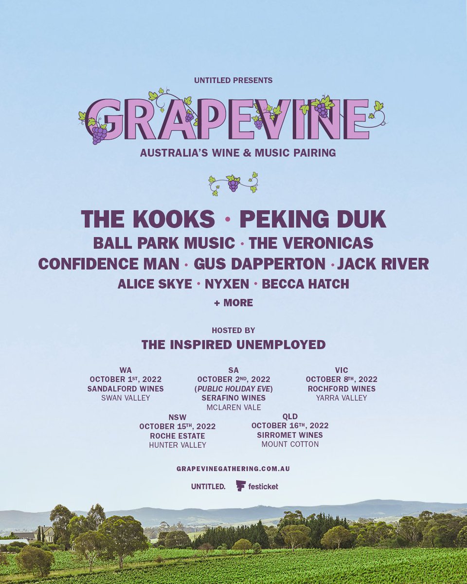 Grape times are coming. <a href="/thekooksmusic/">The Kooks</a> have just been announced to be headlining <a href="/GrapevineFest/">Grapevine Gathering</a> 🍇