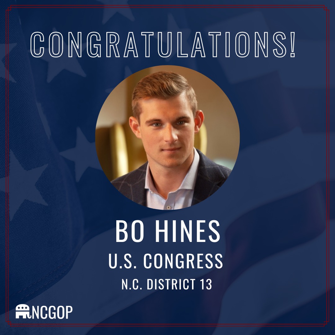 NCGOP's tweet photo. Congratulations Bo Hines, winner of the 13th Congressional District Republican Primary!

Bo Hines will lead an America First push to push back against Democrats' radical policies this fall! #ncpol #elections2022 https://t.co/cIsDVqVGwR
