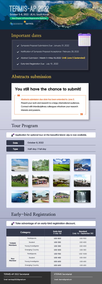You still have the chance to submit your abstract!
Due date extended to June 5!
Abstract submission: ap2022termis.org/index.php?gt=a…
Tour application: termis.yehaimp.com/tour/?act=sub3
Early bird registration: ap2022termis.org/index.php?gt=r…

#regenerativemecicine #termis #termisap #Jeju #scientific