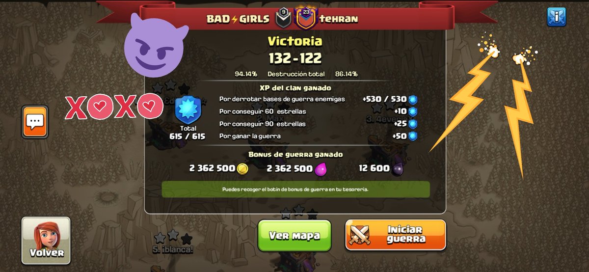 Así terminamos nuestra war mensual Mayo con invitados✨

Excelente guerra por parte de las BadGirls &amp; invitad@s 💪🏻❤️
50 vs 50 😱💥
Muchas gracias a tod@s por excelente guerra,estuvo buenísima! 

Si quieres venir a una de nuestras guerras mensuales manda DM❤️😍⚡ 
Están muy op💃