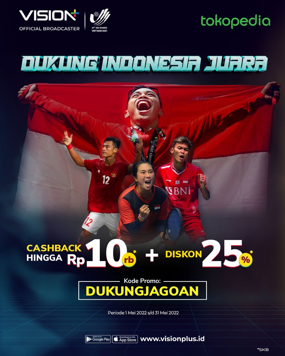 rdi971's tweet photo. Nonton Sea Games terlengkap hanya di @visionplusid!
Kalau kamu membeli Vision+ Premiun di Tokopedia dapatkan potongan diskon 25% dan cashback sampai 10rb dg kode voucher DUKUNGJAGOAN.
Yuk berlangganan Vision+ sekarang juga! https://t.co/9TyOdevcZX
#VisionplusXTokopedia https://t.co/62UfJekg9K