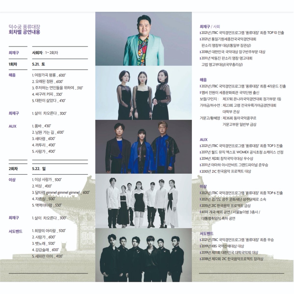 "신명난 소리 한 가락 즉조당 앞뜰에서 새어 나오더니
바람 타고 덕수궁 돌담을 훌쩍 타넘는 게 아니겠는가.
그렇게 궁 밖으로 흘러 흘러 한바탕 세상과 어우러지는 게 아니겠는가."

경내 즉조당 앞에서 5. 21.(토) ~ 5. 22.(일) 이틀간  고궁 음악회가 개최됩니다.