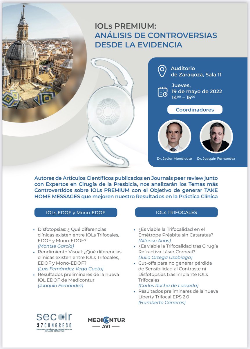 joaquinfdezoft's tweet photo. #SECOIR2022

Te esperamos mañana jueves 19 mayo a las 14h en el Auditorio Zaragoza (sala 11) para analizar los temas más Controvertidos sobre #IOLsMultifocales con un Espectacular Plantel de Ponentes https://t.co/u27KWlo3ww