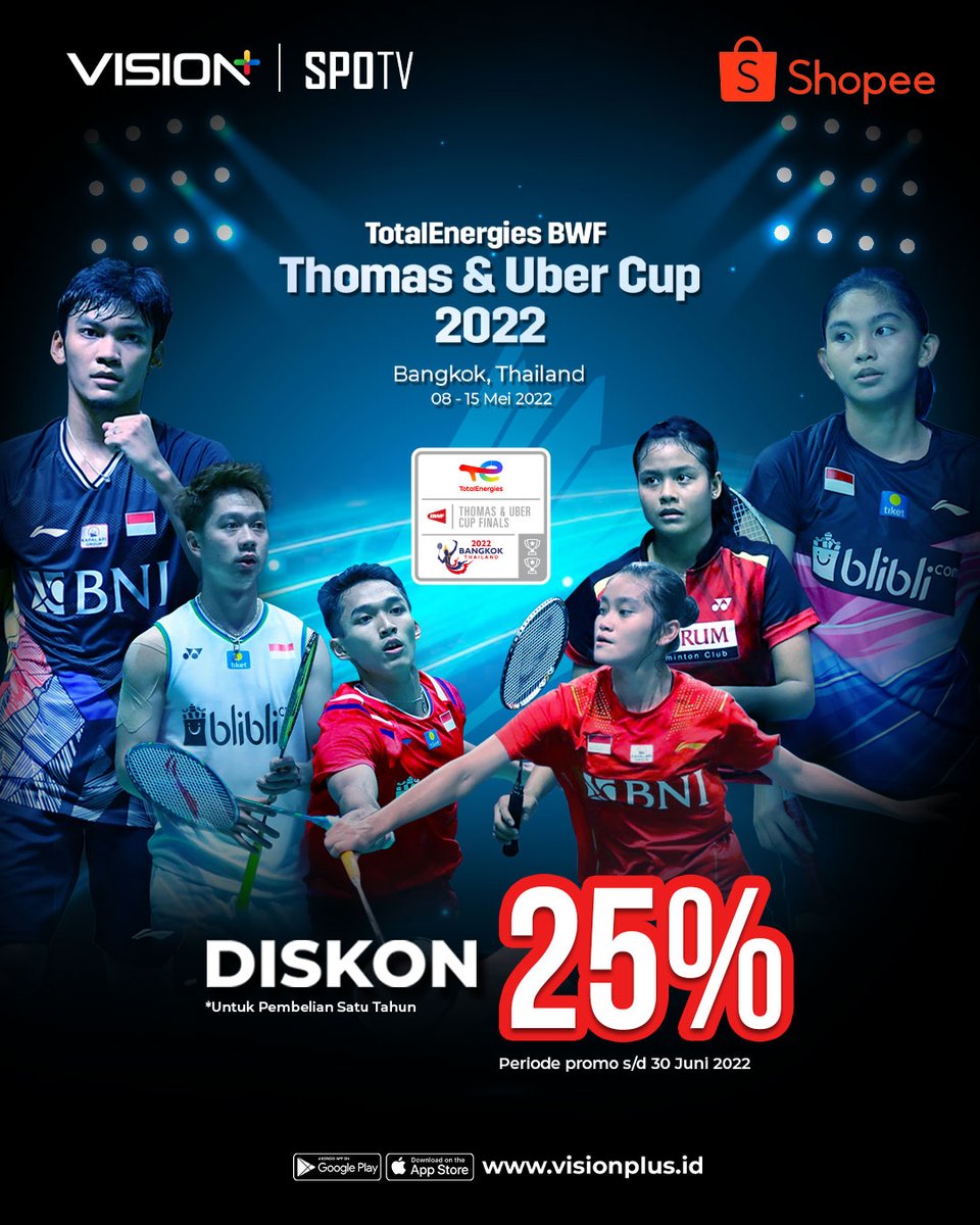 visionplusid's tweet photo. Nonton pertandingan BWF terlengkap hanya di Vision+! 

Kalau kamu beli kamu beli paket Vision+ Premium di @shopee_id, kamu bisa dapat diskon 25% untuk pembelian Vision+ Premium 365 hari.

Tunggu apa lagi? Yuk berlangganan Vision+ sekarang juga!

#visioplus #VisionplusXShopee https://t.co/iLxLnjwl1L