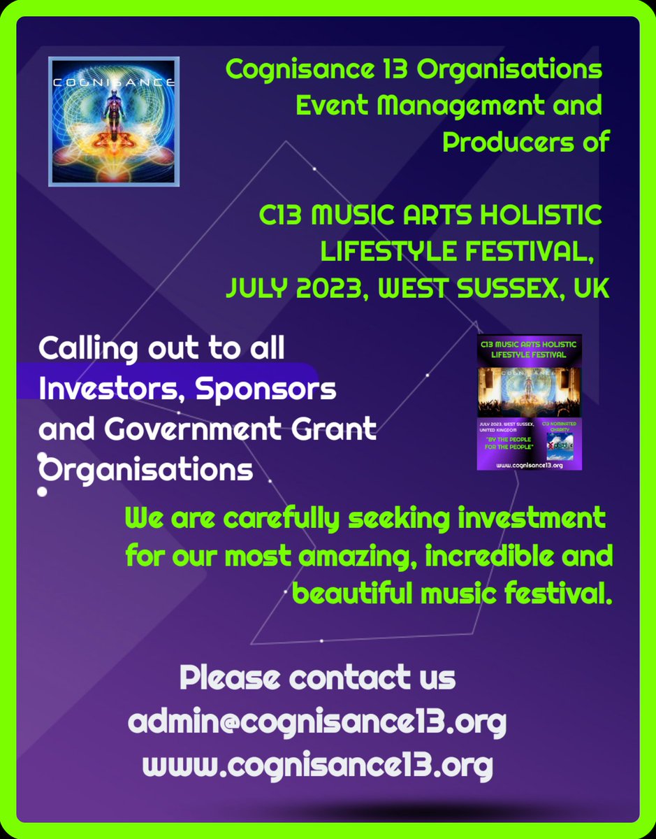 INVESTORS, SPONSORS AND GOVERNMENT GRANT ORGANISATIONS REQUIRED
We are Cognisance 13 Organisation 
Event Management and Producers of :-