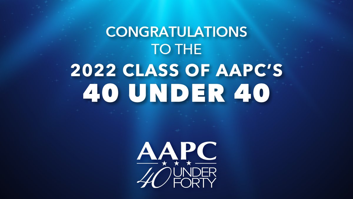 TheAAPC's tweet image. Congratulations to the 2022 class of AAPC’s 40 under 40! Your work hasn’t gone unnoticed, and we’re thrilled to have you join the exclusive group of extraordinary young professionals! Read more about our winners here: ow.ly/jas350JaG45 #2022Pollies