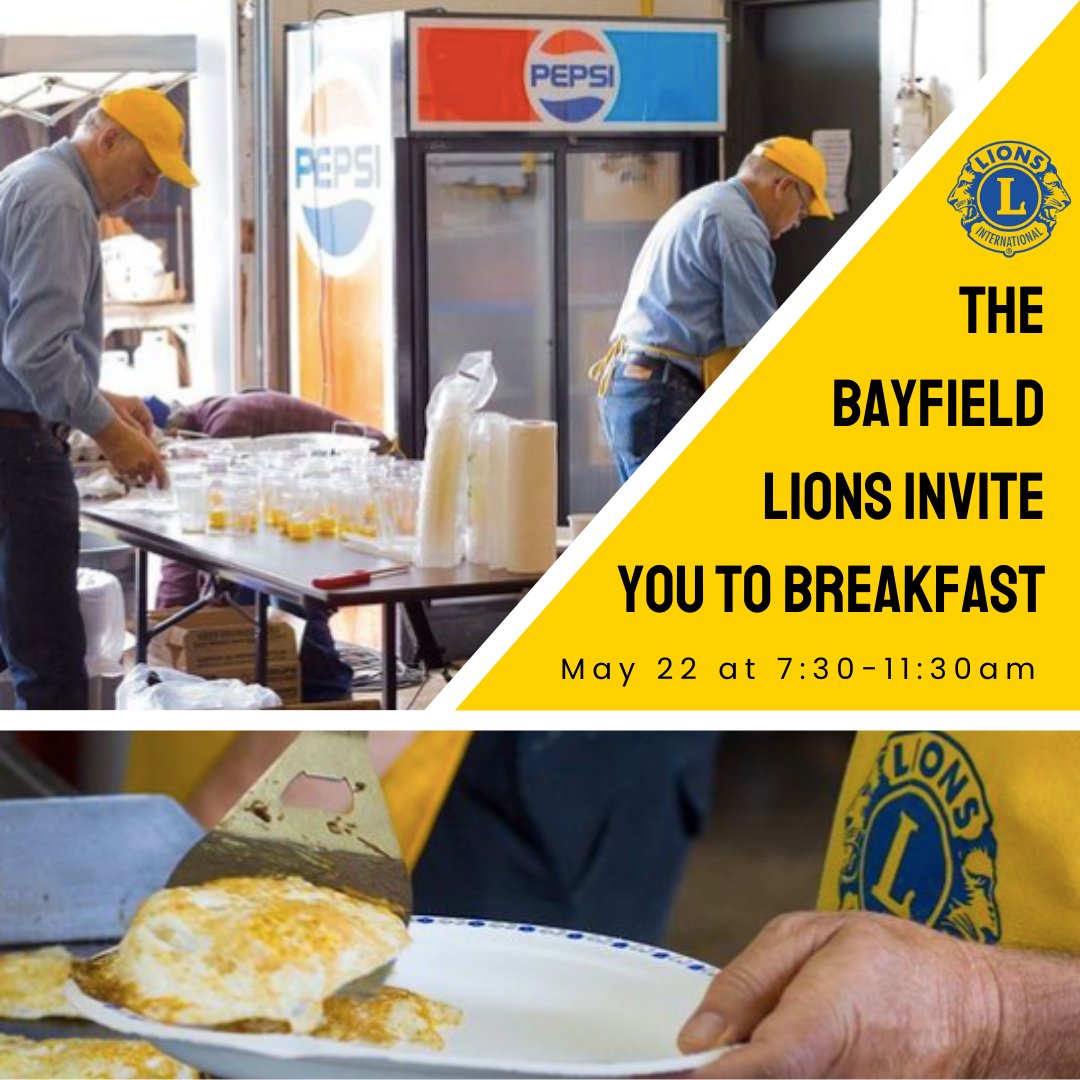 The Bayfield Lions invite you to breakfast! On Sunday, May 22nd 7:30 - 11:30 AM at the Bayfield Community Centre Arena! 🍳🥞 On the menu are eggs, sausage, home fries, pancakes with local maple syrup, toast, jams, juice and lots of coffee. The cost is $12 per person! #weserve