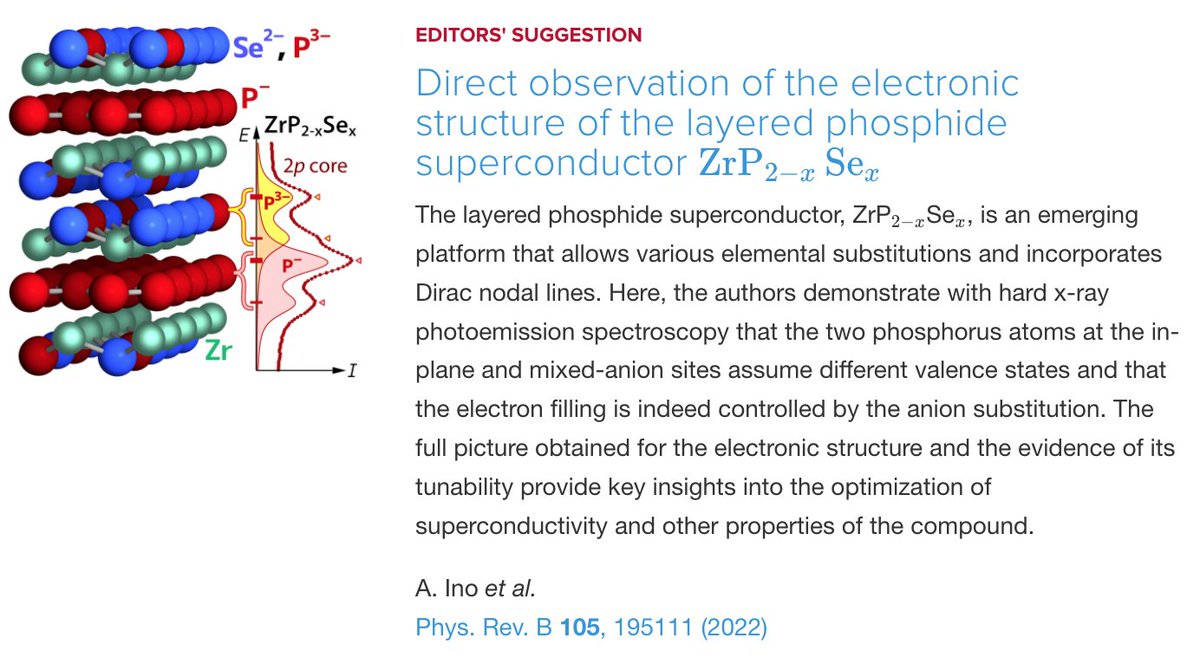 PhysRevB's tweet image. PRB Editors&apos; Suggestion: Direct observation of the #electronic_structure of the layered #phosphide #superconductor ZrP_{2−x}Se_{x}

A. Ino, T. Kubo, S. Ishizaka, H. Takita et al.,
Phys. Rev. B 105, 195111
#physics #condmat #EdSugg @APSPhysics

Article: go.aps.org/3Mmjz1E