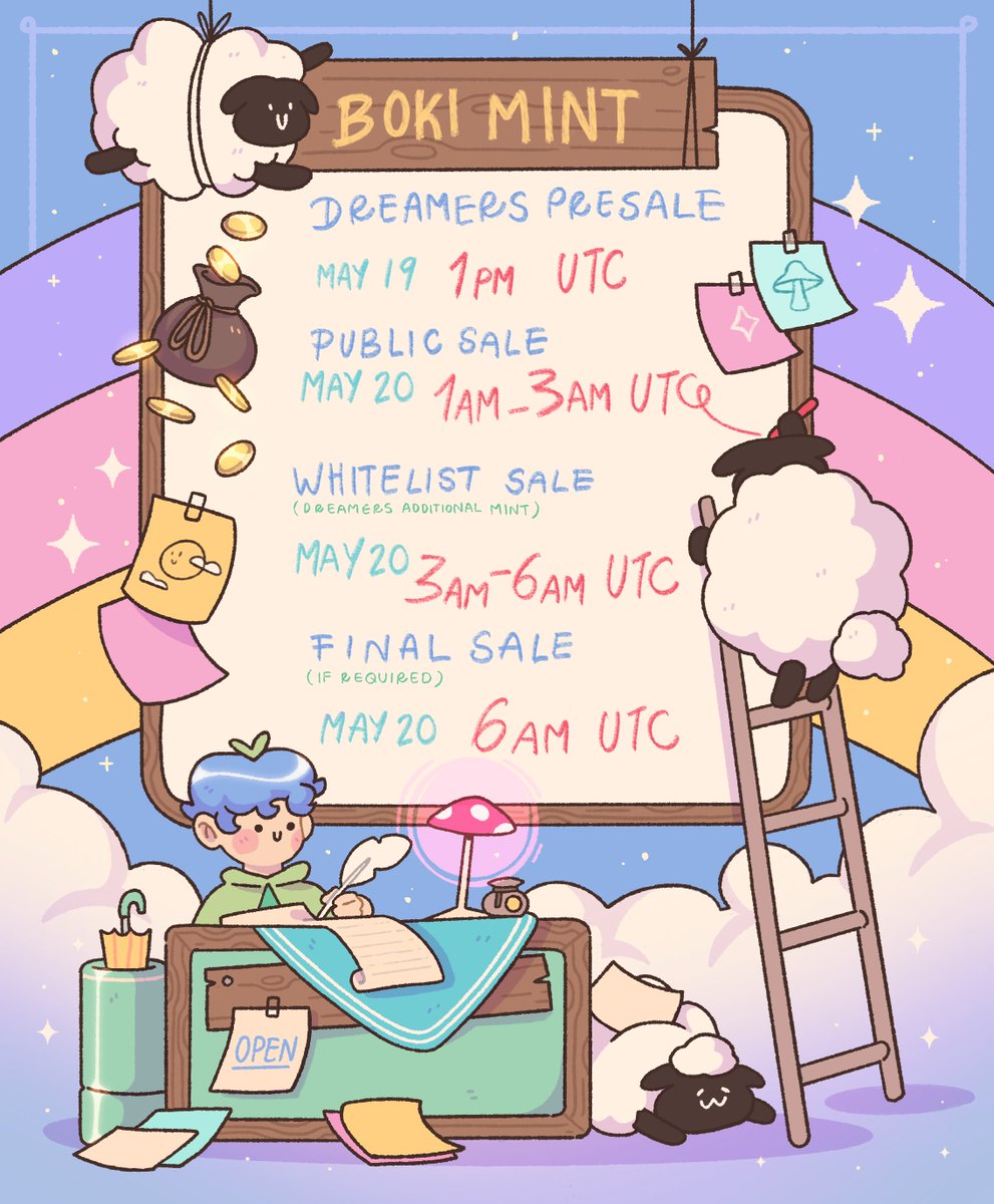 Hello Dreamers and Adventurers, 

We have an important announcement: our mint day is almost here! The Boki mint will begin on May 19 at 1 pm UTC. Check out our updated schedule in the below mint map. Our Mint Website will be announced on our Twitter and Discord prior on Mint Day.