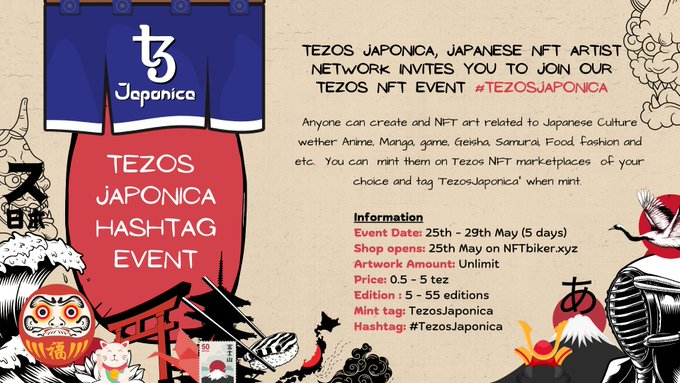 日式NFT受到关注. Tezos Japonica社区正召集艺术家加入 5 月 25 日至 29 日的 社区标签活动.
25号开始任何人都可以创建与日本文化相关的 NFT 艺术 - 在 Tezos 平台上，他们可以使用任何他们想要的 &amp; 标签进行创作.
x.com/searchq=TezosJ…