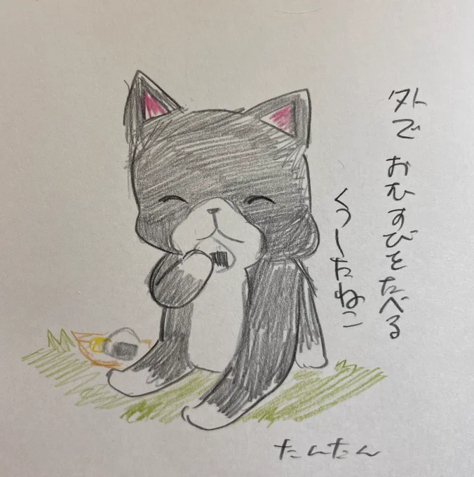 外でおむすびを食べるくつしたねこ#イラスト #猫 