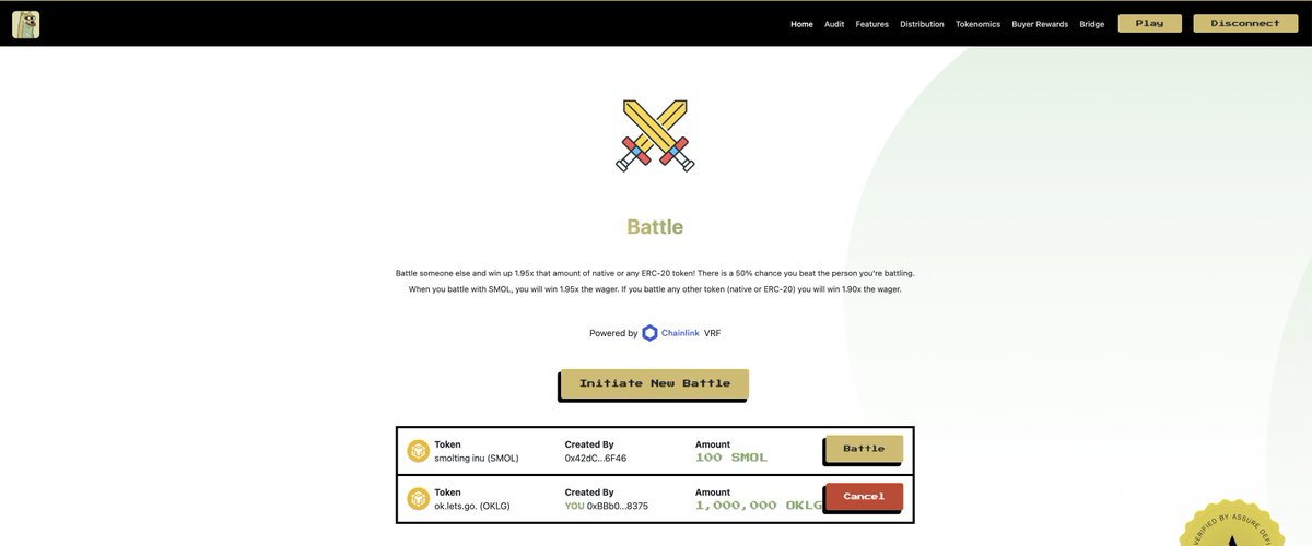smoltinginu's tweet photo. 🚀 BATTLES ARE LIVE 🚀

You can now battle anyone for ANY TOKEN (native ETH/BNB or any ERC-20/BEP-20 token) in the $SMOL platform! Every battle has a 50% chance of either opponent winning (powered by @chainlink VRF).

wen CT influencers going at it? 🐸🐕

https://t.co/orSDtty8cz https://t.co/BQmLW6qqk3
