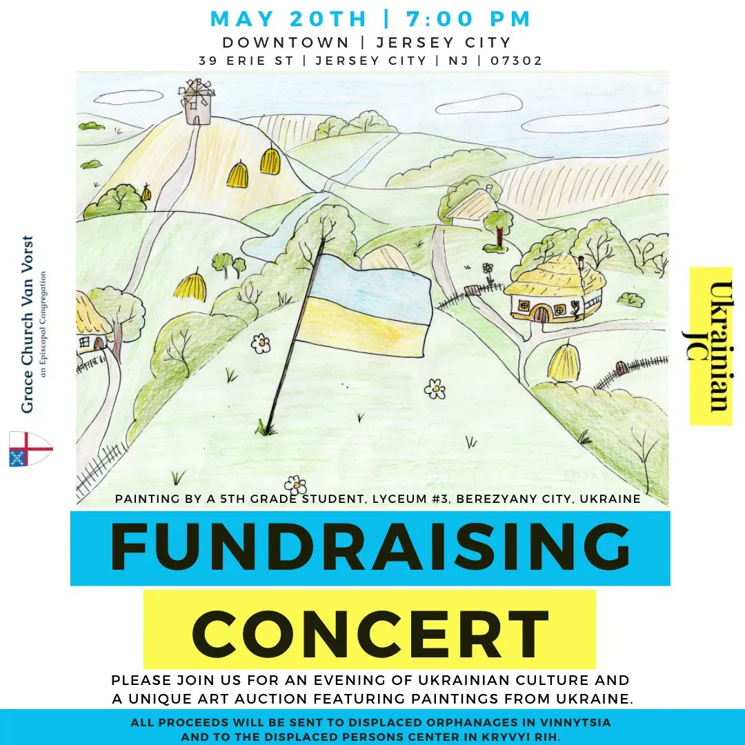 Please join #UkraineJerseyCity for an evening of Ukrainian culture &amp; art auction featuring paintings from Ukraine and musical talents during the concert portion. 
When: May 20th | 7pm - Where: 39 Erie St.

ALL PROCEEDS FOR ORPHANAGES IN VINNYTSIA AND THE DISPLACED PERSONS CENTER.
