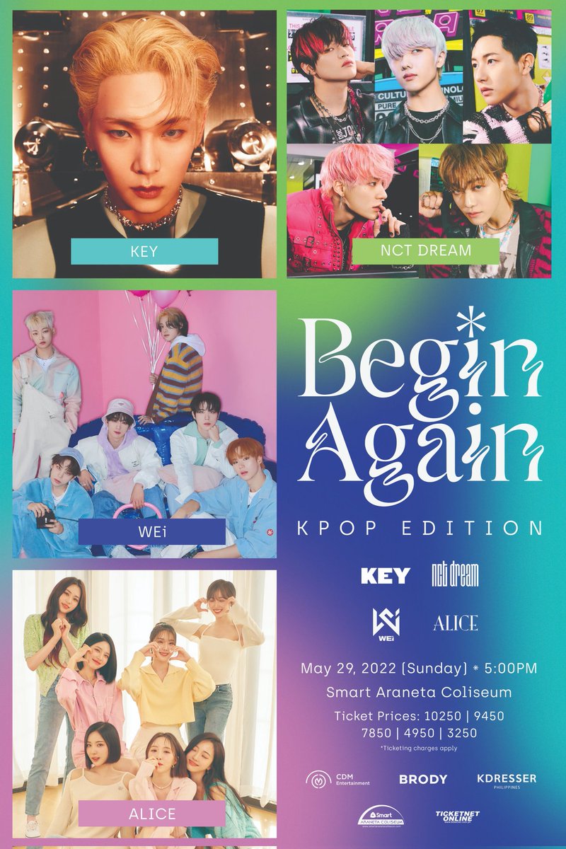 philconcerts's tweet photo. Official ticket selling for #BeginAgain_KPOP is today! Get your tickets via @TicketNetPH online outlets at 10 a.m. 🎟️

READ MORE: https://t.co/ZIxnAW6N5Z

BEGIN AGAIN: KPOP EDITION ft. SHINee's Key, NCT DREAM, WEi, and ALICE on May 29, 2022 at @TheBigDome

Presented by @cdmentph https://t.co/eX6vveiDX8