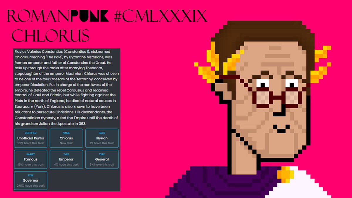 RomanPunksNFT's tweet photo. 🏛️🐺🦅🌈
FAMOUS MINT! #989 - Chlorus
Ξ Max Supply of #1000 #RomanPunks
1:1 hand drawn #pixelart by💁♀️@cyberdoodles ♀️
👁️➡️ https://t.co/w1xpvucX7C #cryptoart #nfts #romanhistory #constantius
Join the Empire: https://t.co/lcNvV6xOvX
Live Streaming : https://t.co/h56Tx3sB3o https://t.co/RSZ2PF7ItZ