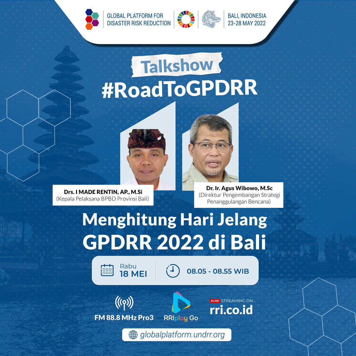 Bagaimana persiapan #GPDRR2022?
Dengarkan talkshownya di RRI FM 88.8 MHz Pro3, aplikasi rriplaygo, streaming di rri.co.id dan RRINet di UseTV

#RiskToResilience
#GPDRR2022
#GP2022
#SiapUntukSelamat