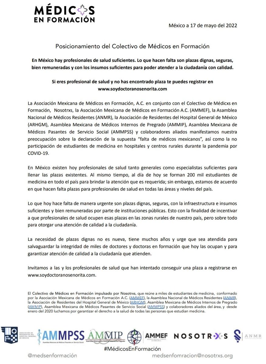 NosotrxsMX's tweet photo. 🔴#COMUNICADO🔴

En México hay profesionales de salud suficientes. Lo que hace falta son plazas dignas, seguras, bien remuneradas y con los insumos suficientes para poder atender a la ciudadanía con calidad. 

👉🏽 https://t.co/7zAoLfud37 https://t.co/rrwl4pG6RV