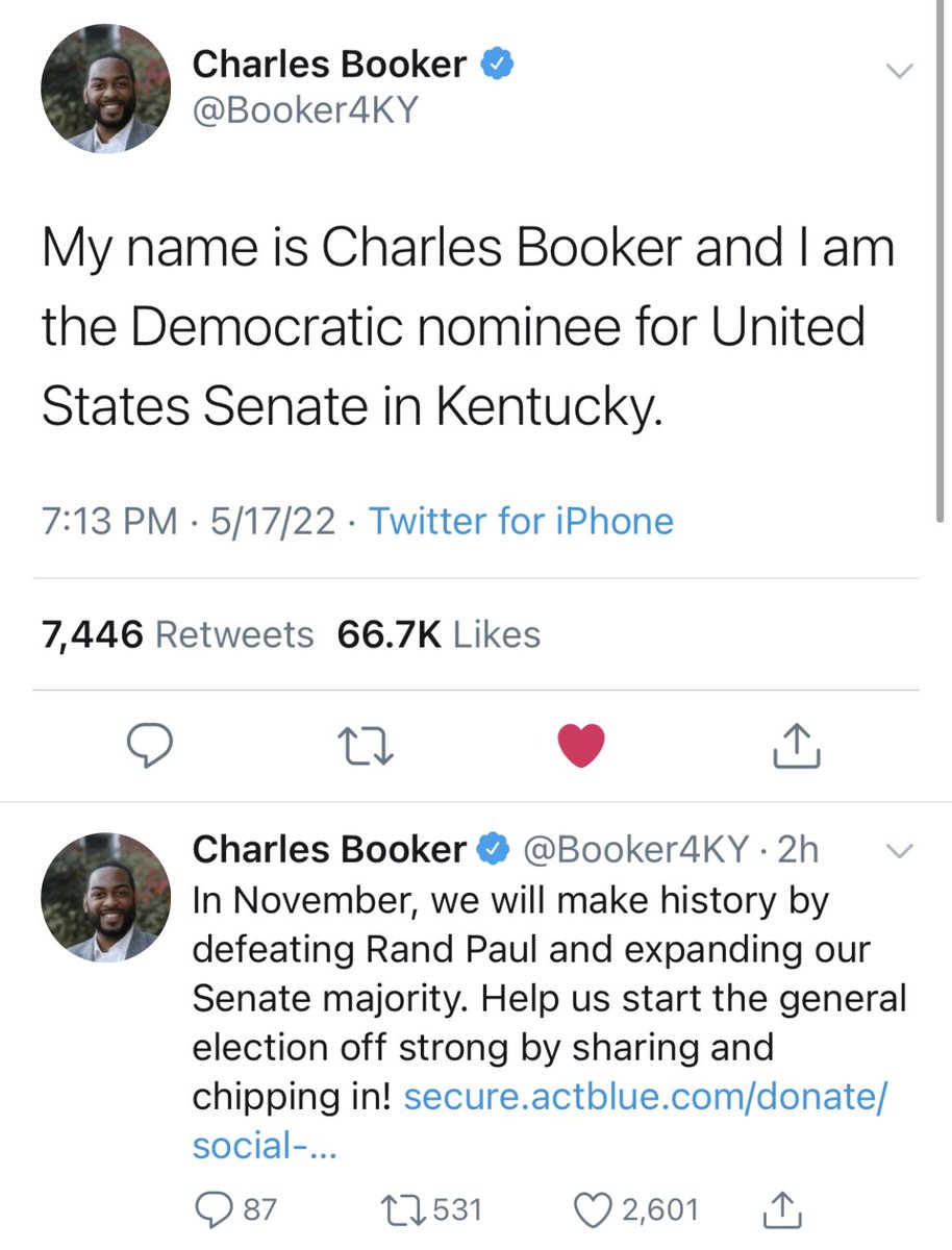 CAN KENTUCKY SHOCK THE WORLD COME NOVEMBER!? If there’s any candidate who lead us there, it’s the candidate who has built a true movement around the Hood and the Holler having way more in common than we’ve ever been told, <a href="/Booker4KY/">Charles Booker</a>. America, can you get behind him!? 🇺🇸🗳❤️