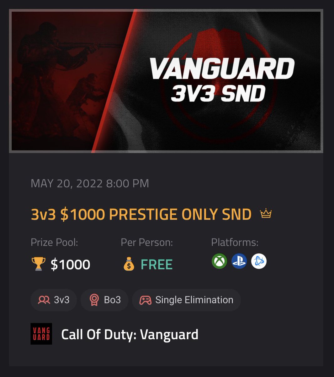 CallofDutyAgent's tweet photo. ⚔️3v3 $1000 PRESTIGE ONLY SND⚔️

🏆$1000 GUARANTEED

📅Fri May 20, 8PM EST

📒CDL + GA's (FaceIt Required)

🚨SIGNUP: https://t.co/FAEu7DmY2x https://t.co/7rUc0GNuUD