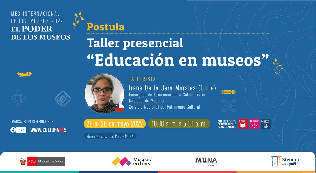📌¡Pronto cierran las inscripciones!
¿Cómo dialogar con los conocimientos y experiencias de vida que traen los públicos?
🤩Participa de los talleres por el Mes Internacional de los Museos.

Postula antes del 22 de mayo: bit.ly/DIM2022TallerE…