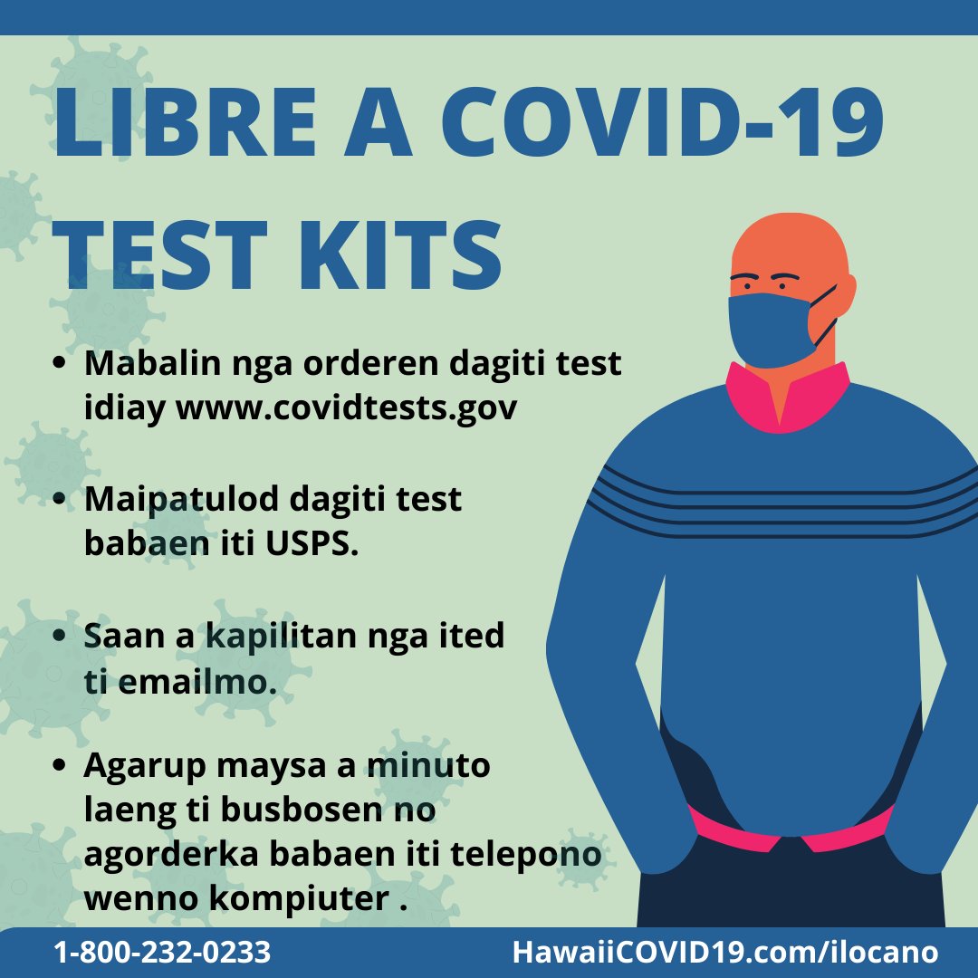 GenHawaii's tweet photo. Need more at-home test-kits? Order NOW by visiting https://t.co/5RgV5FA097! Two kits per address per order. Swipe fo in-language translations courtesy of @HawaiiDOH ! #FreeCovidTests #AtHomeTesting #FreeAtHomeTests https://t.co/YEQVqNuoa8