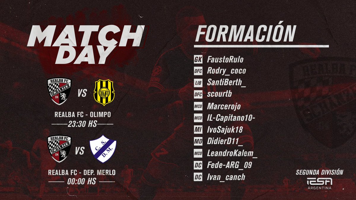 | #FIFA22 | Clubes Pro |
 Segunda División <a href="/IESAFIFAar/">IESA Argentina</a>

⚽ Convocados de la Jornada 
 
Correspondientes a las fechas 13 y 14 el rojinegro se enfrentará ante <a href="/ClubOlimpoeSp/">Club Olimpo eSports</a> y <a href="/CSDMerloeSports/">CS Deportivo Merlo eSports</a>

#VuelveRealba🖤❤️🖤