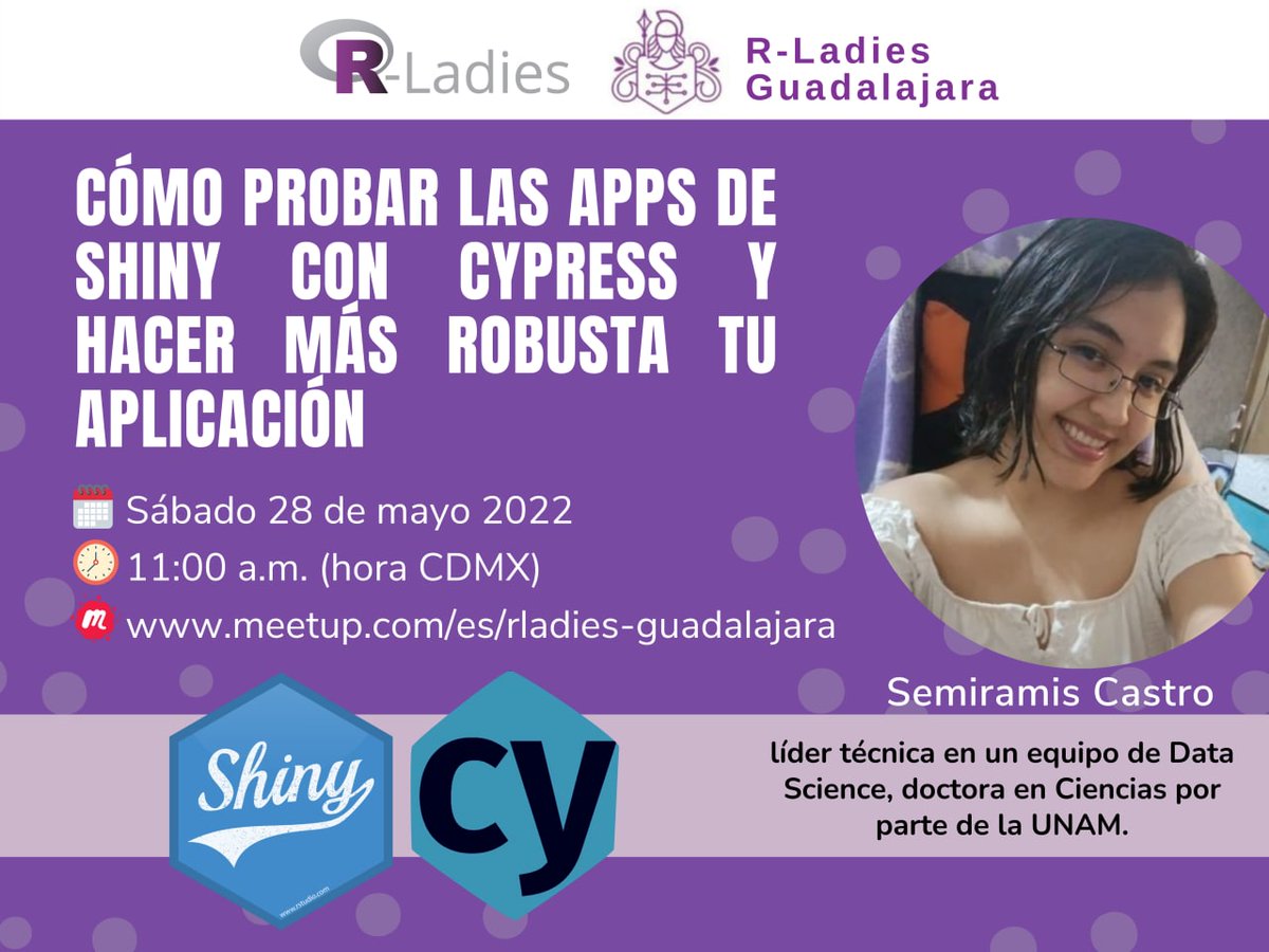 RLadiesGDL's tweet photo. Comunidad de #RStats, le compartimos el próximo evento, en esta ocasión la fabulosa @semiramis_cj nos presentará cómo probar las apps de shiny con Cypress y hacer más robusta tu aplicación.

📅 28/05/22
⏰ 11:00 (Hora CDMX)
🔗https://t.co/VXfNvAYGq5

Evento en línea y gratuito.💜 https://t.co/xCRRhd67vR