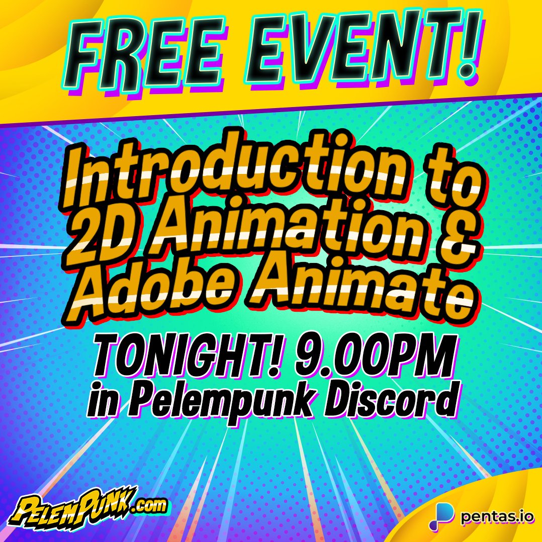 A quick reminder about tonight's sharing session on 2D Animation &amp; Adobe Animate.

We'll be doing through simple animation principles, concept, and demonstration. Hope to see you guys there.

Join our server:
discord.gg/MANbsgB9ju

#nftcommunity #pentas #pentasian #nftartist