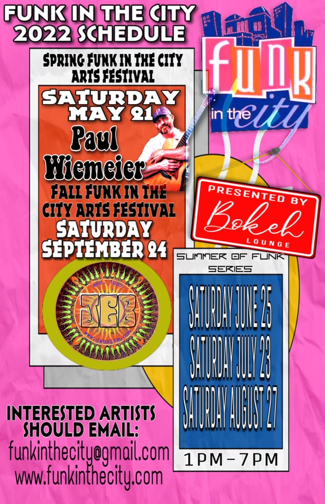 📣 2022 Spring Funk in the City

🗓 Saturday, May 21st 
⏰ 10:00 am - 5:00 pm

🎨 50 Artists &amp; Vendors
🎵 Music All Day

🍴 Bruce Li &amp; Acropolis 
🍻 <a href="/moshouse812/">Mo's House</a> <a href="/bokehlounge/">Bokeh Lounge</a>