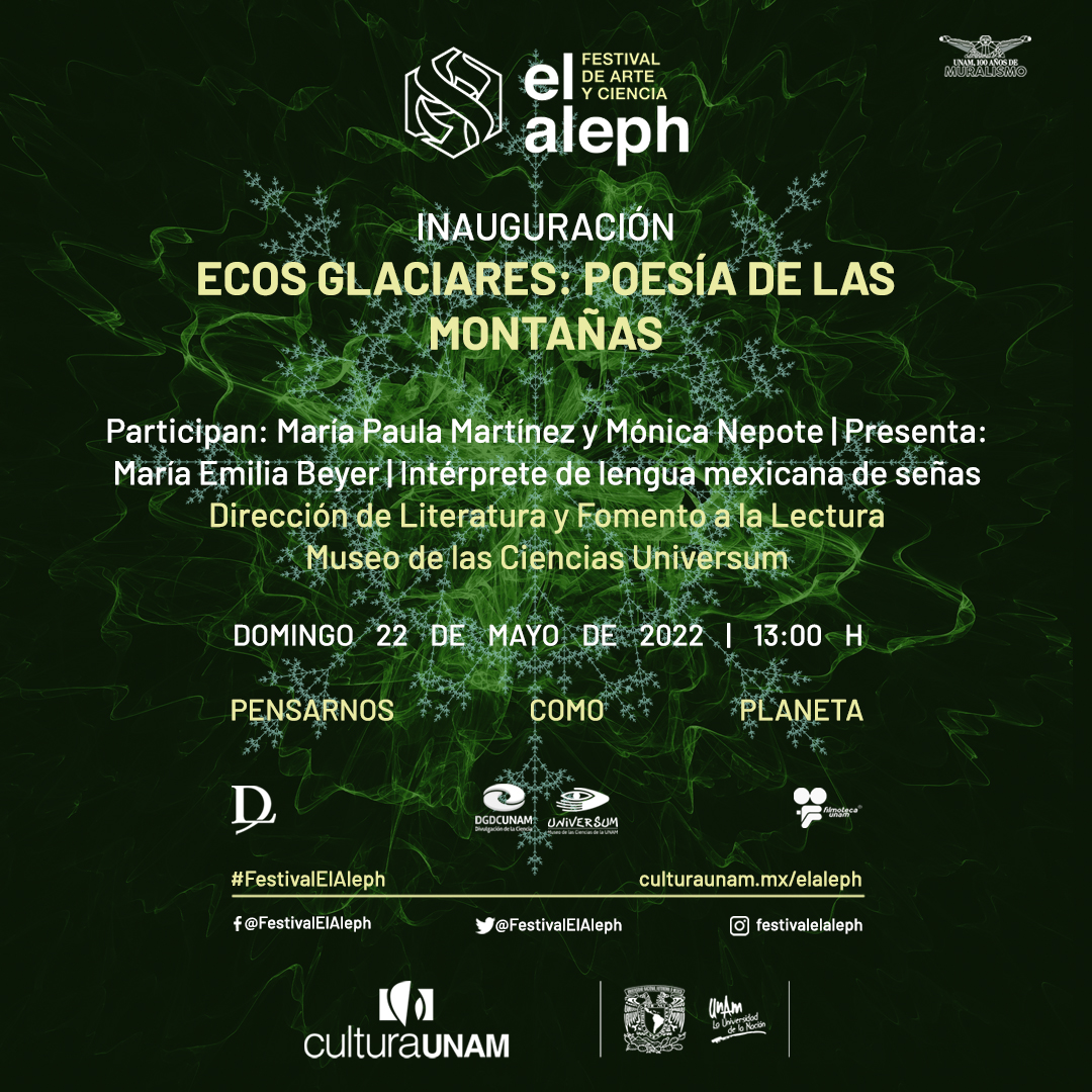 LiteraturaUNAM's tweet photo. En el @FestivalElAleph, las imágenes de la fotógrafa, documentalista y montañista @maripomartini se unen al archivo de otras personas en #EcosGlaciares #PoesíaDeLasMontañas en @UniversumMuseo.

Más info aquí 👉 https://t.co/Q2cOE0niEV

 #TrotaLibrosEnPrimavera https://t.co/q23AVbocDc