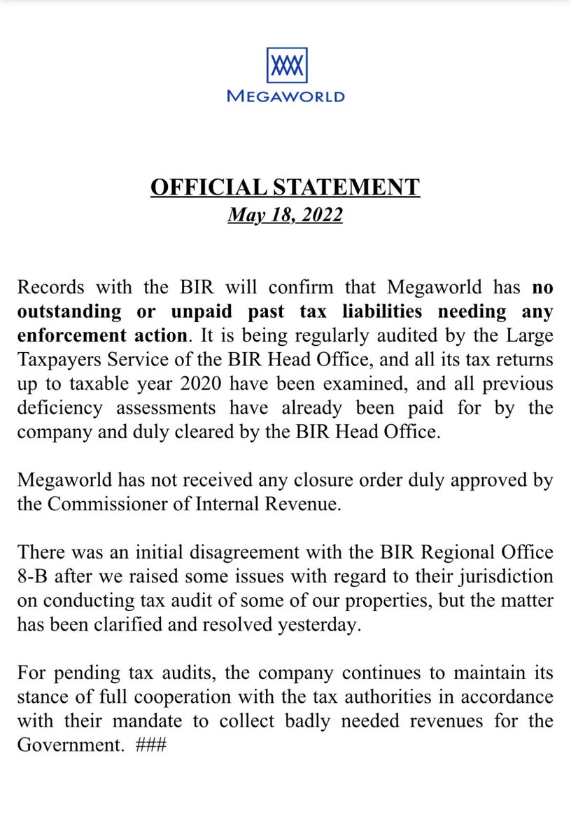 DaximLucas's tweet photo. @megaworld_corp says it has no outstanding tax liabilities with the BIR, and that yesterday’s issue involved a jurisdictional dispute with one of the tax agency’s units that have since been resolved. @inquirerdotnet @InquirerBiz https://t.co/2flwTl7H0e