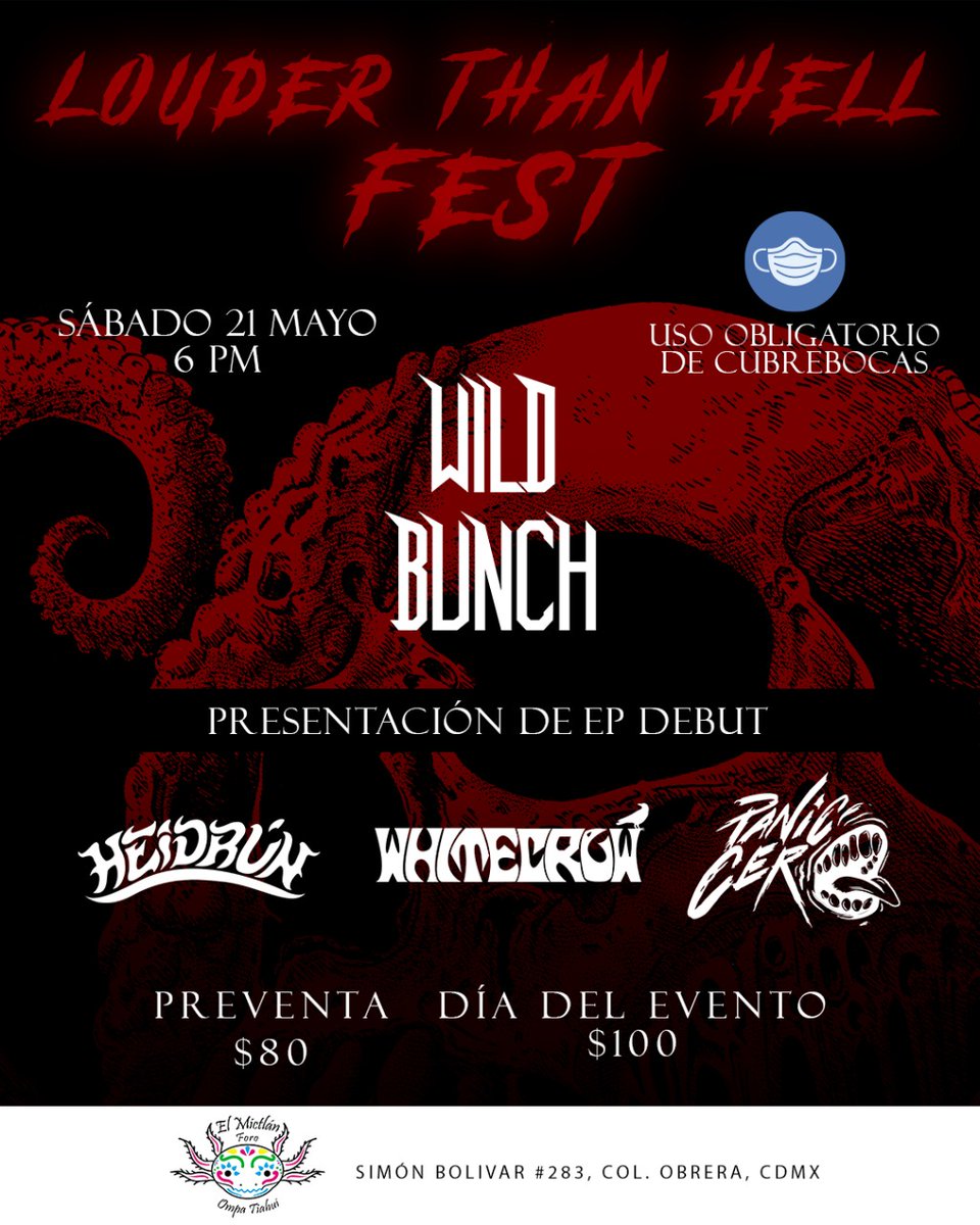 Louder than hell fest
Nos vemos el 21 de mayo a las 18:00 hrs para subirle al PA a todo lo que da. Preventa $80, el día $100
@wildbunchmx @heidrunmx @panicocero @WhitecrowDoom
#metal #louderthanhell #cerveza #concierto #PresentacionEP #eventos2022 #FOROELMICTLAN #metalfestival