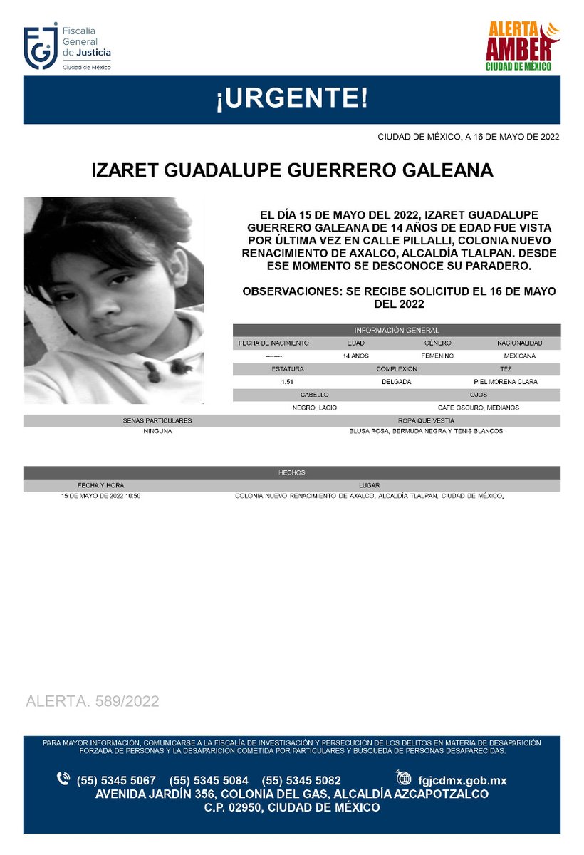 La menor IZARET GUADALUPE de 14 años de edad desapareció el 15-05-22 en la <a href="/TlalpanAl/">Alcaldía Tlalpan</a> ¿Le ayudamos con un RT? Via <a href="/FiscaliaCDMX/">Fiscalía CDMX</a> 
<a href="/Fam_Unidas_AC/">FamUnidasporunacausa</a> <a href="/botDesaparecidx/">BotDesaparecidx</a> <a href="/AjuscoTlalpan/">Zona Ajusco Tlalpan</a> <a href="/TlalpanVecinos/">Tlalpan Vecinos</a> <a href="/ObsCiudTlalpan/">Obs Ciud Tlalpan</a> <a href="/LaAlamedaDF/">La AlamedaDF</a> <a href="/LaAlamedaAlerta/">LaAlamedaAlerta</a> @Regreso_a_Casa <a href="/AmberAlertaNoOf/">XxX porn hub 👺</a>