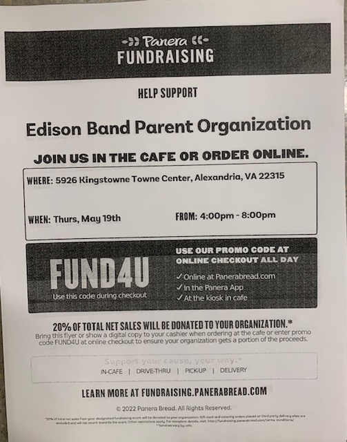 Don't cook on Thursday 5/19 - Go to Panera (use code FUND4U) then come to final concert