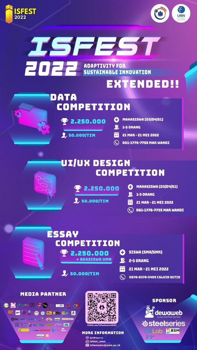 isfest_umn's tweet photo. [ DATA COMPETITION! 💻📈 ]

Let's process data into insight! Prepare your best team to compete with us. 

👥 1-3 mahasiswa/tim
❔ Pendaftaran Rp. 50,000/tim
❗ Close registration: 21 Mei 2022
🎁 Uang tunai, sertifikat, merchandise

Guidebook &amp; pendaftaran: https://t.co/AspKLzTiSC https://t.co/B2wDSayQoC