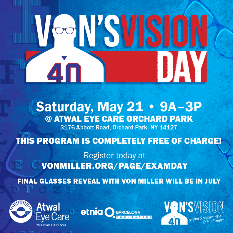 VonsVision58's tweet photo. CALLING YOUTH AGES 5-18 in #BuffaloNY‼️ Parents &amp; guardians, if your child is in need of a vision screening #VonsVision is providing FREE EYE EXAMS + FREE PRESCRIPTION GLASSES on Sat. May 21 @AtwalEyeCareNY | Go to: https://t.co/VEtM04dpep | @VonMiller @EtniaBarcelona https://t.co/l1z9pqVmzR