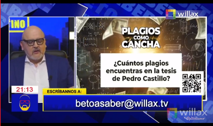 Programa de Beto Ortiz ofrece MIL DÓLARES de premio a la persona que encuentre más plagios en la tesis del presidente Pedro Castillo <a href="/PedroCastilloTe/">Pedro Castillo Terrones</a> <a href="/congresoperu/">Congreso del Perú 🇵🇪</a> #BetoASaber <a href="/MineduPeru/">Ministerio de Educación</a> <a href="/SuneduPeru/">Sunedu</a>