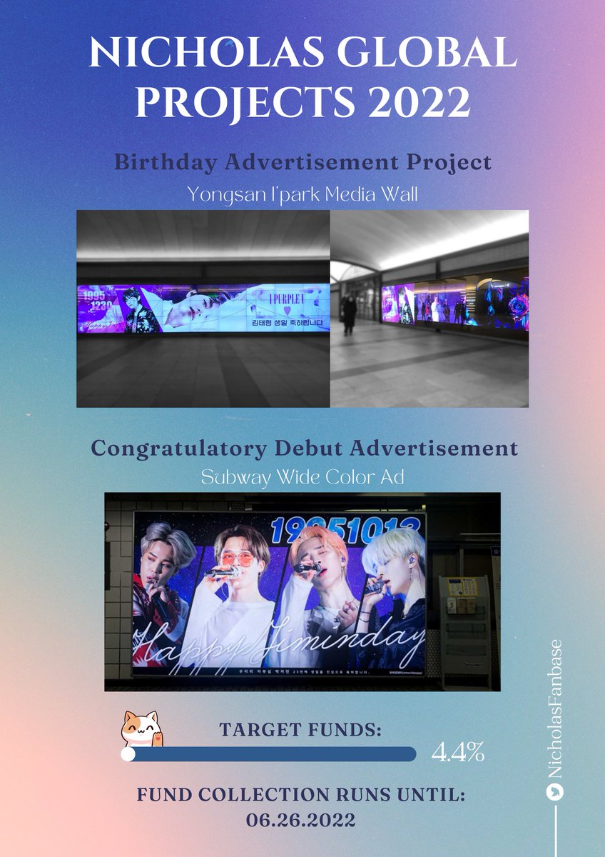 NicholasFanbase's tweet photo. 🌐 [NICHOLAS GLOBAL PROJECTS 2022]

🔔 FUND STATUS UPDATE as of 05/18/22

52 days before Nicholas' birthday and we're still at 4.4%. Please help us reach the target fund 🙏

We are accepting any amount of  donations until June 26, 2022.

Please see more informations below  ℹ⤵️ https://t.co/fM4MX2MkWs