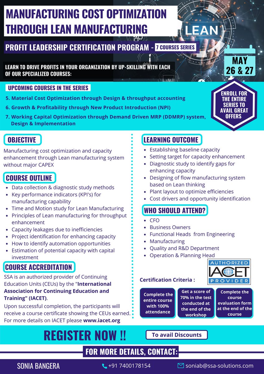 Join us in our training program " Manufacturing Cost Optimization through Lean Manufacturing" part of the Profit Leadership Certification Program.

Register now !! bit.ly/3q1aIYX