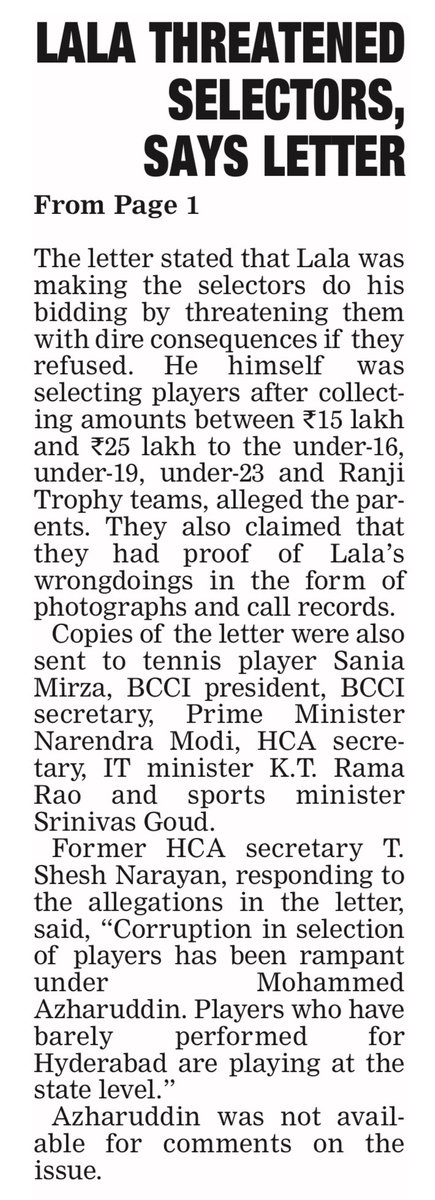oratorgreat's tweet photo. Corruption, bribery accusations surface again in #Hyderabad #cricket association #HCA as parents of players complain of steep illegal demands from selectors @BCCI @BCCIdomestic @IPL as always @azharflicks #MohdAzhar #Azharuddin refuses to respond @ShuklaRajiv @DeccanChronicle https://t.co/14dWF3g4Mr