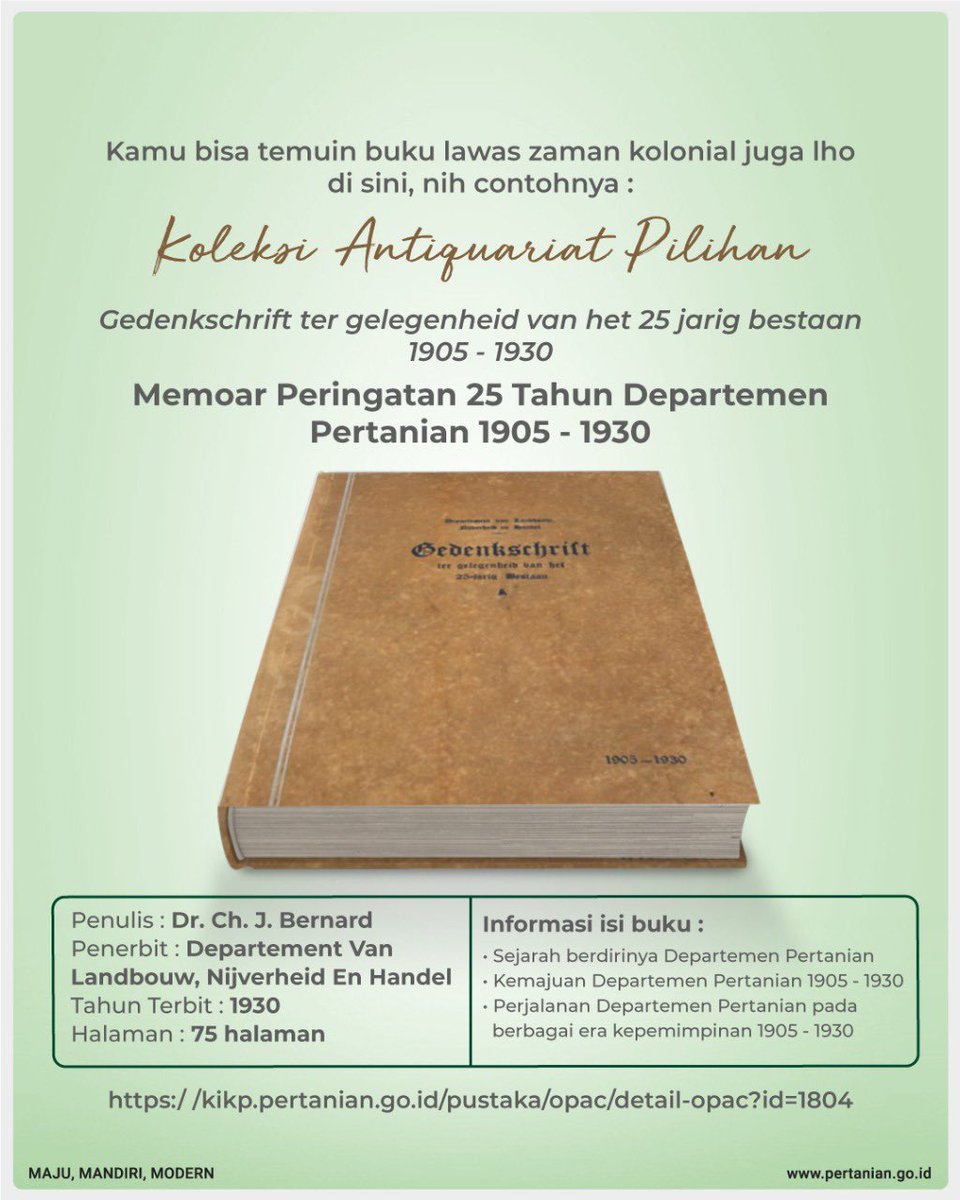 kementan's tweet photo. Sebuah buku lawas atau koleksi buku antiquariat telah memuat sejarah Kementan di masa kolonial.

Penasaran seperti apa wujud bukunya? Yuk datang ke Perpustakaan Pertanian terbesar di Indonesia!

Klik tautan berikut utk melihat Koleksi antiquariat lainnya👇
https://t.co/p6NFs4GPXR https://t.co/8hvRQt7PP4